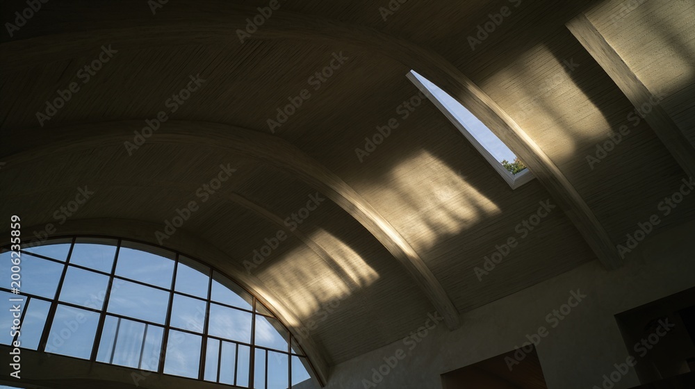 Fototapeta premium slit. Architectural interior with a long concrete vaulted ceiling and a beam of light. real-estate listings, architecture portfolios, designed for real-estate listing and luxury residence showcases.