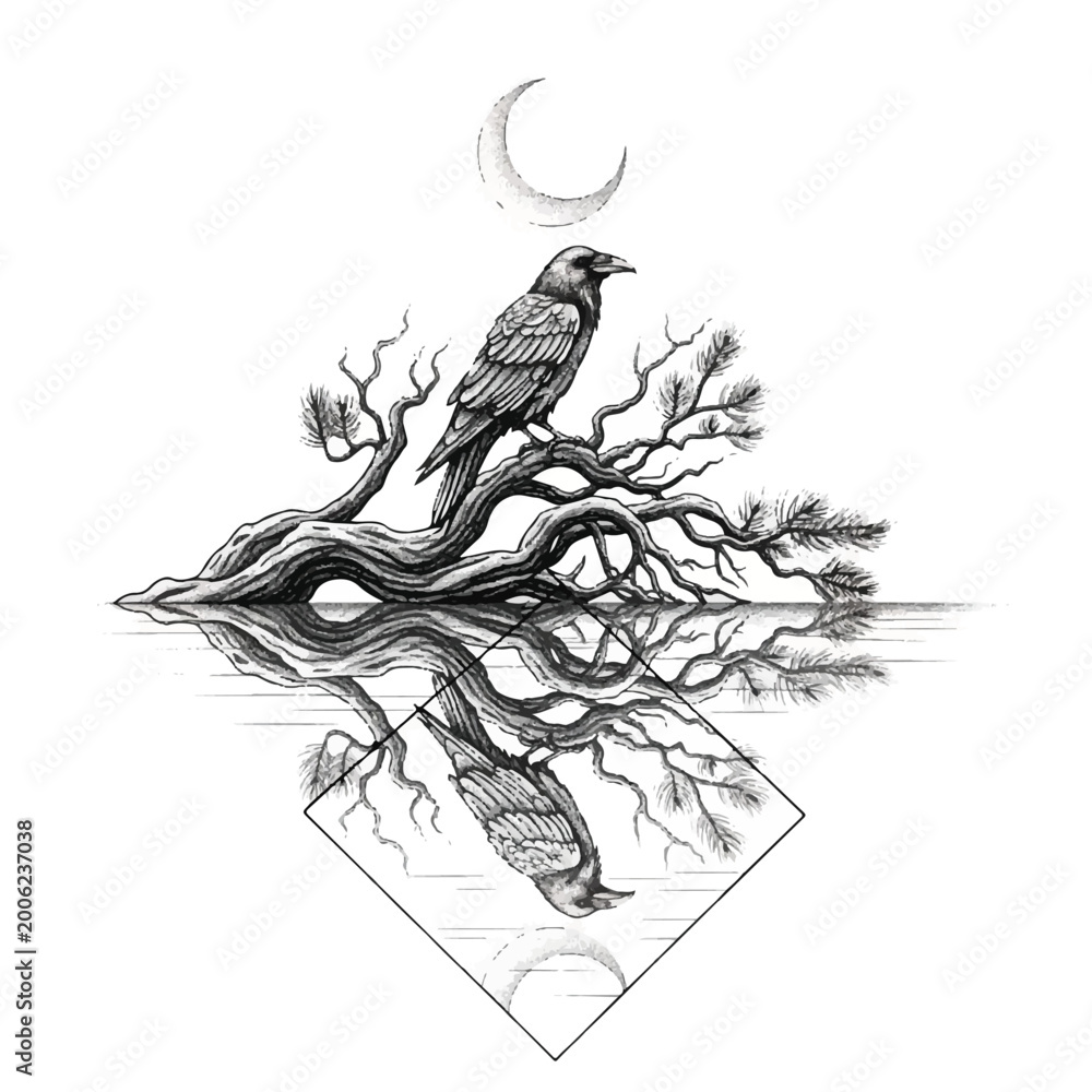 Obraz premium Black bird sitting on tree branch.