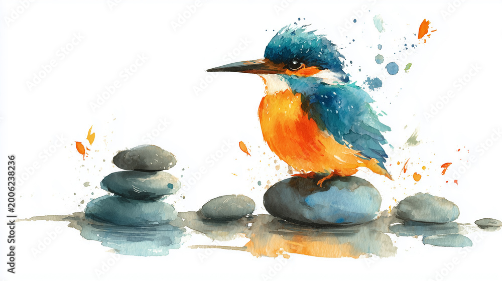 Fototapeta premium Kingfisher background with watercolor bird, copy space