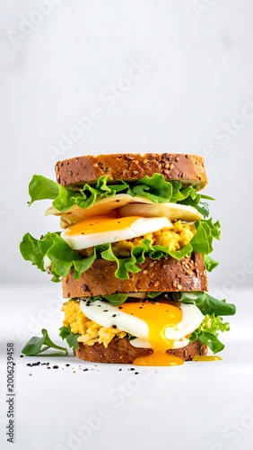 A tall sandwich with egg, cheese, and greens on toasted bread