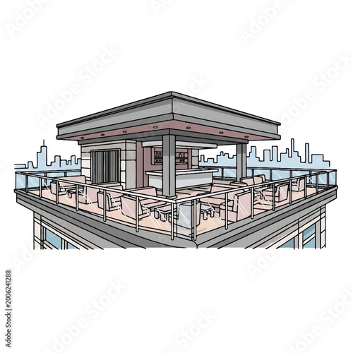 Roof top restaurant outdoor seating area.