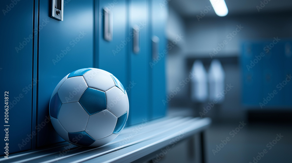 Obraz premium Close-up of a soccer ball resting on a locker room bench in dim light with empty lockers in background, pre-match atmosphere concept, sports preparation detail, team ritual,
