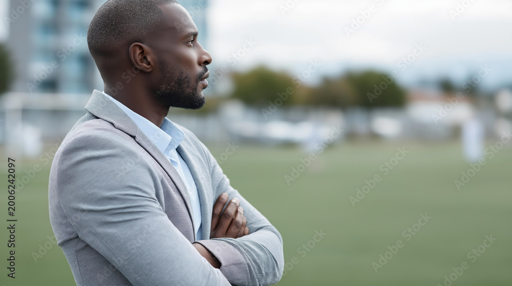 Fototapeta premium Rear view of a professional manager standing with hands clasped behind his back watching training, observational coaching concept, thoughtful sports leadership, training