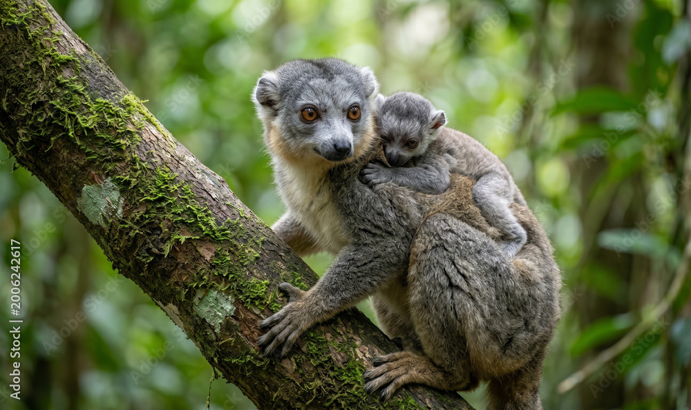 Naklejka premium Tender moment of Gray-headed lemur mother carrying baby
