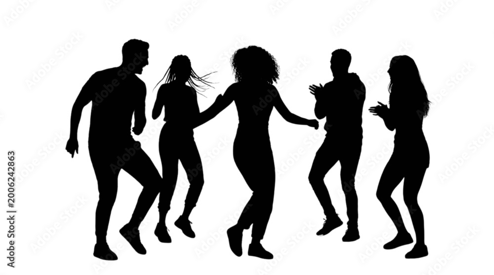 Fototapeta premium Group of people dancing together in silhouette isolated on transparent background, Vector