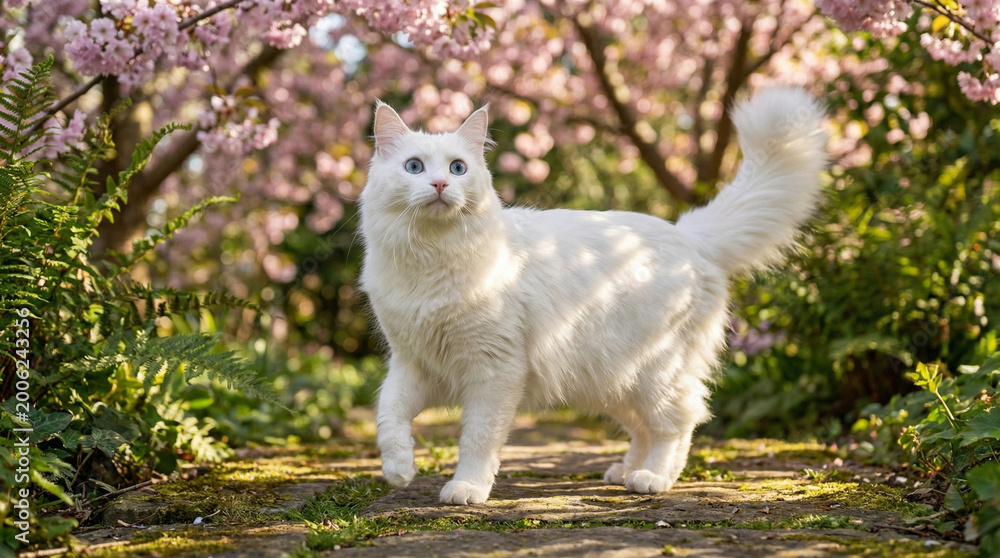 Obraz premium Turkish Angora cat with ethereal mood stepping through sunlit garden with flowers