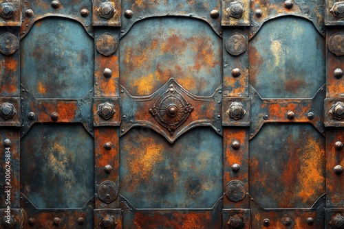 Old rusty metal door with rivets industrial texture background