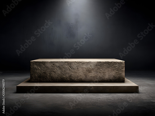 Display platform with warm light in a dark room creates a focus point for art or objects in an exhibition area