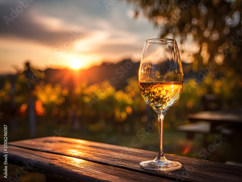 Sunset over vineyard with glass of white wine on wooden table near grape plants