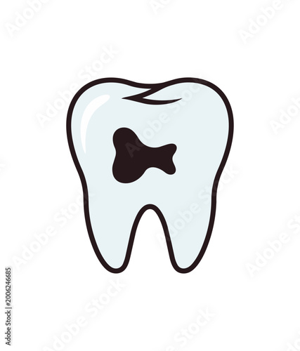 Cartoon tooth with cavity illustration on black background