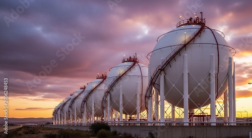 Row of large spherical industrial gas storage tanks at sunset