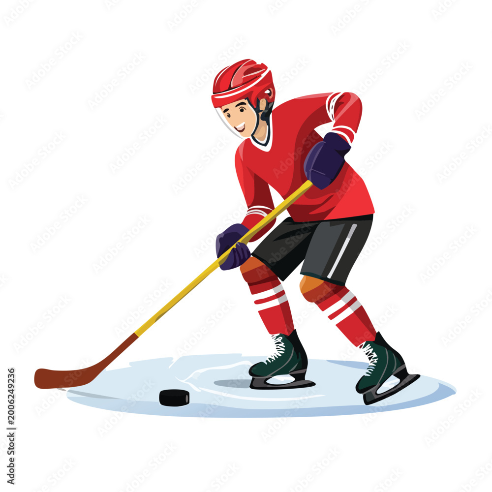 Fototapeta premium Hockey player in action with stick and puck isolated on white background