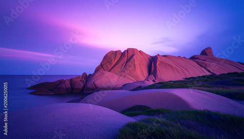 Purple rock formation enso climate states twilight coastal rock sea horizon smooth boulder dune grass sunrise