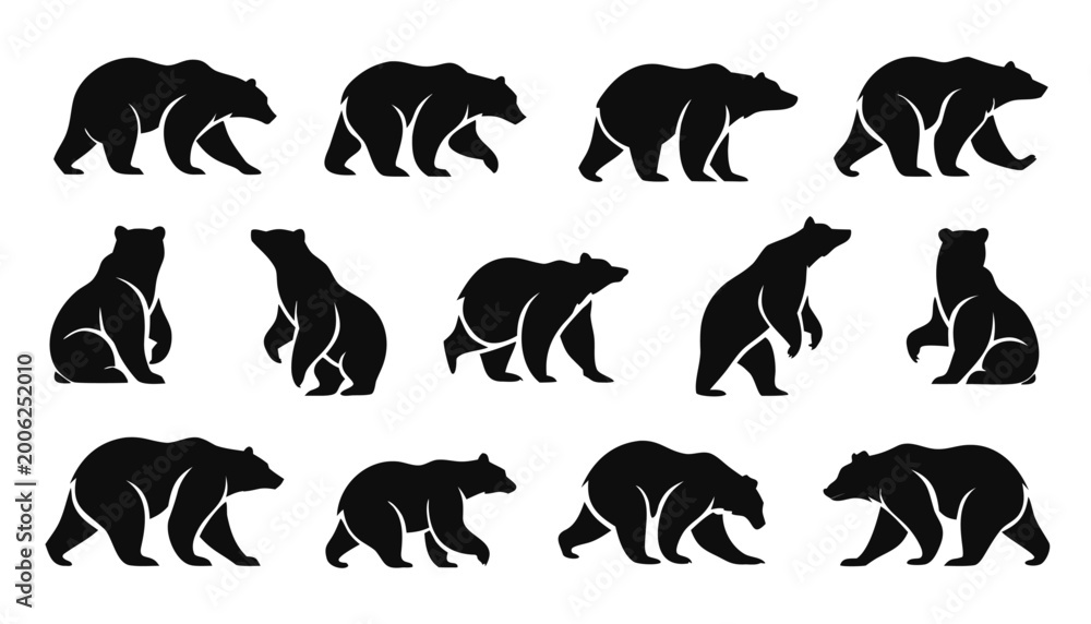 Fototapeta premium Bear Silhouette Set Collection Walking Sitting Standing Poses Vector Black Isolated