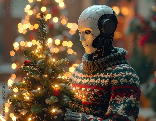 A humanoid robot in a festive sweater decorates a small tree