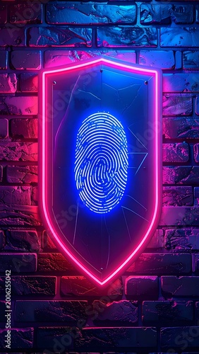 A neon shield with a fingerprint on a brick wall