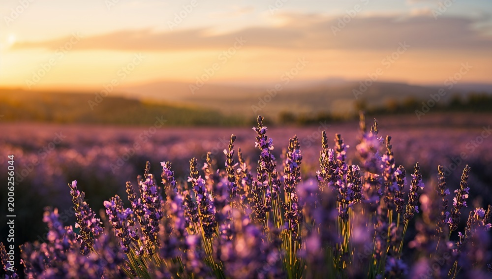 Naklejka premium Vibrant Lavender Field at Sunset with Warm Golden Sky