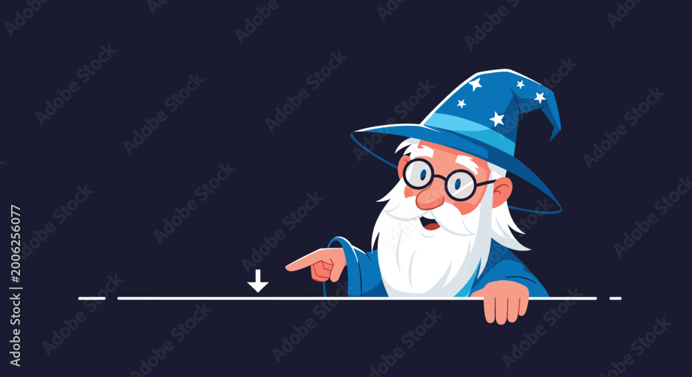 Fototapeta premium Friendly cartoon wizard with blue starry hat and long white beard pointing towards a blank space for text on dark background illustration.