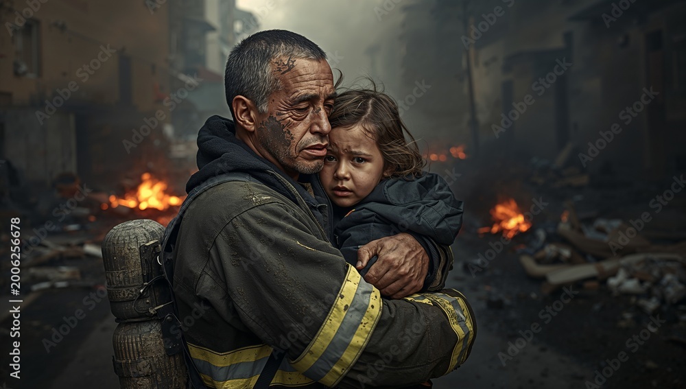 Obraz premium Emotionally Charged Moment Between Firefighter and Child Amidst Chaos