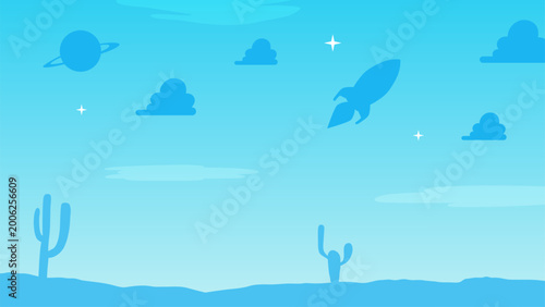 Minimal Blue Desert Sky Silhouette with Flying Rocket and Planet Illustration. Space concept vector. Kids and toys background.