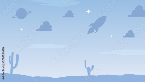 Minimal Desert Sky Silhouette with Flying Rocket and Planet Illustration. Space concept vector. Kids and toys background.