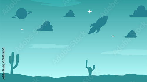 Minimal Desert Sky Silhouette with Flying Rocket and Planet Illustration. Space concept vector. Kids and toys background.