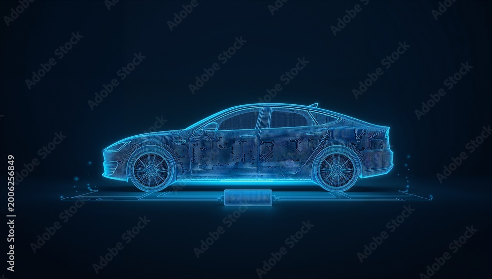 Fototapeta premium Futuristic Car Concept in Neon Blue Wireframe Design