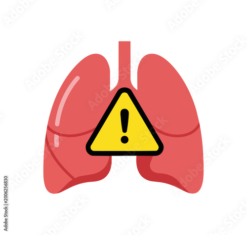 Medical illustration of human lungs with warning symbol on black background