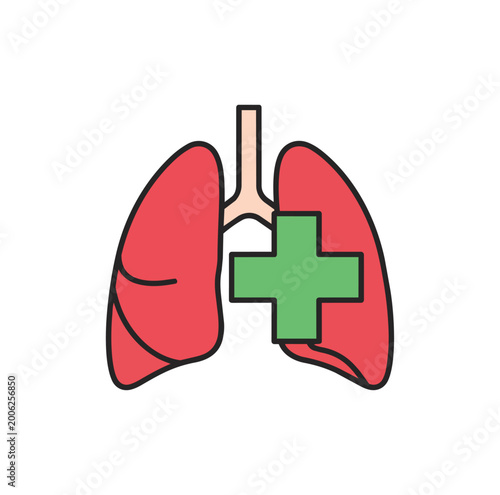 Medical illustration of lungs and healthcare symbol on black background