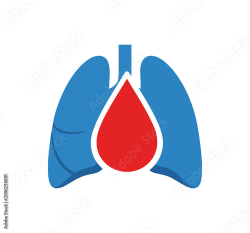 Medical illustration of human lungs and heart with a red drop on black background