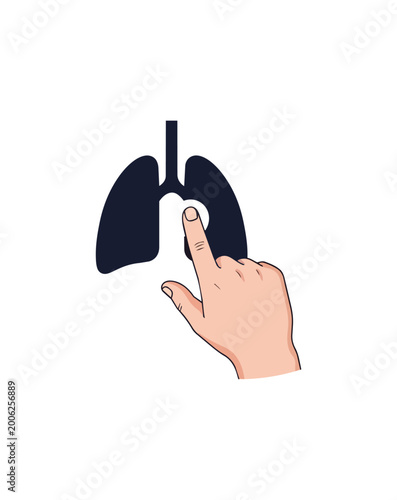 Human hand pointing at lung illustration on black background
