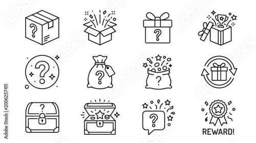 Schilderij op canvas Mystery gift and reward icon set line art with gift box question mark surprise