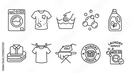 Foto Set of hand-drawn icons related to laundry and clothing care with washing machin