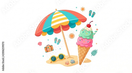 Vibrant Flat Illustration of Summer Vacation Elements with Colorful Beach Umbrella Ice Cream Cone Sunglasses Suitcase and Seashells on Sand for Tropical Holiday Concept Design