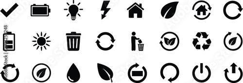 Foto Eco friendly energy and sustainability icon collection featuring battery, light