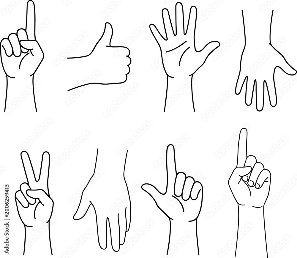 Fototapeta premium Hand gesture illustration collection featuring pointing, thumbs up, peace sign, open palm, and expressive communication symbol designs