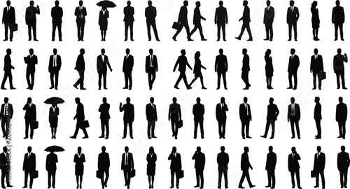 Fotografie Business people silhouettes set walking standing and holding umbrella corporate