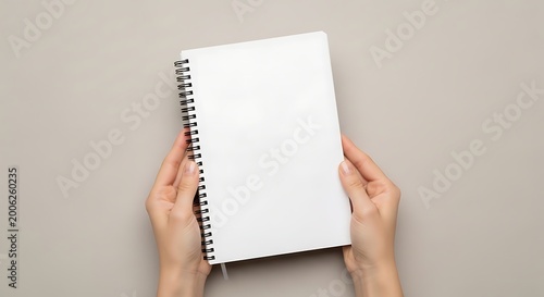 White Spiral Notebook Held by Hands on Neutral Desk