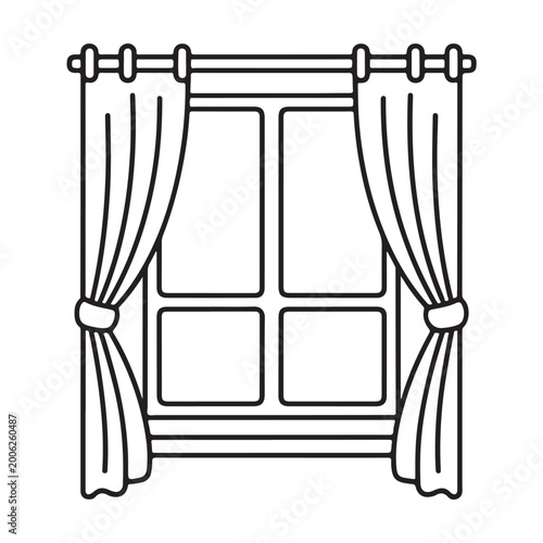 Foto Black and white window outline with curtains and panes