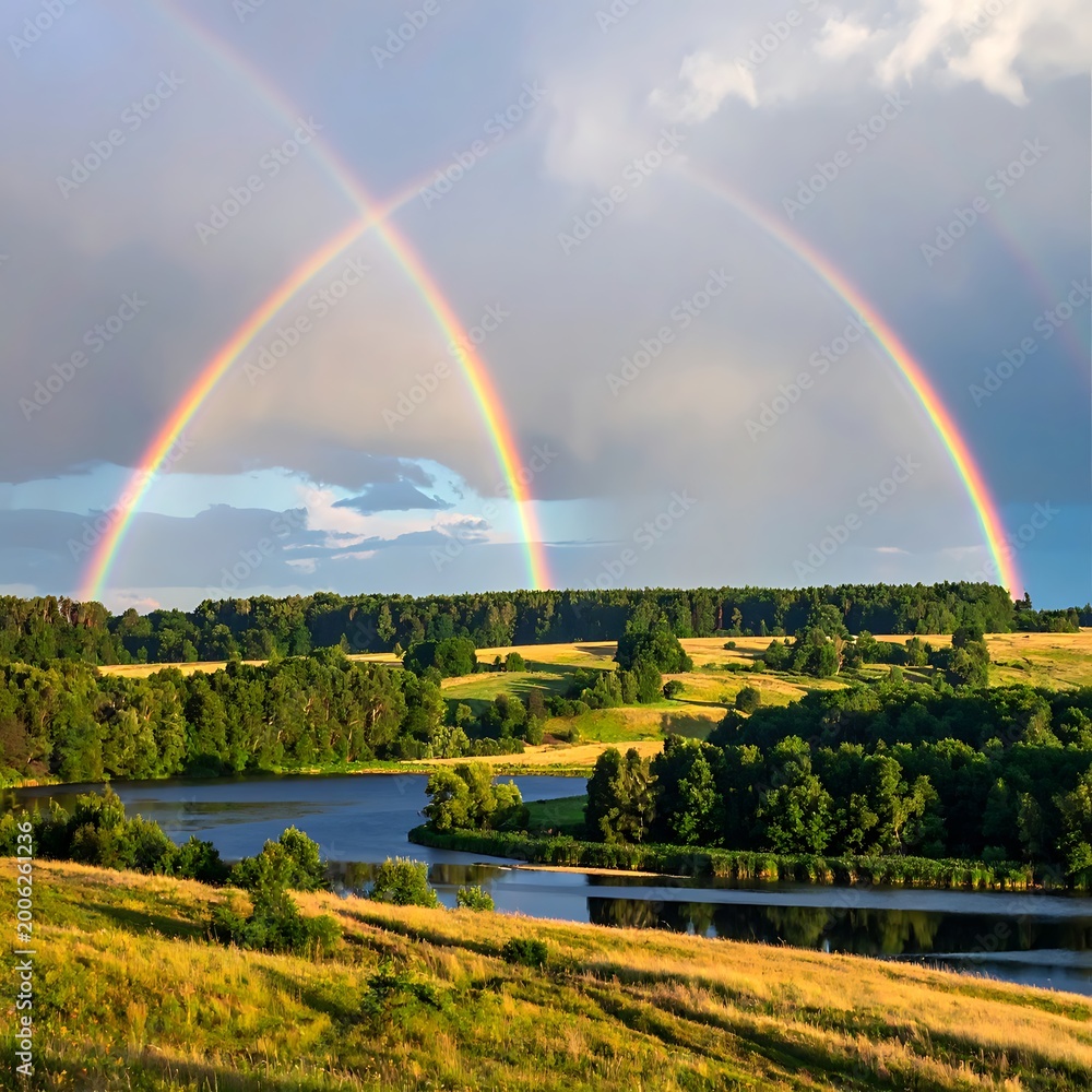 Fototapeta premium A serene landscape with a double rainbow over a lake