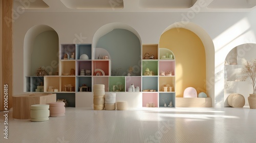 modern minimal kindergarten interior, tidy shelves, soft shapes, pastel accents, clean and fresh mood 