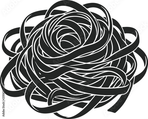 Tableau sur toile Cooked fettuccine pasta bundle tangled strands forming circular shape silhouette