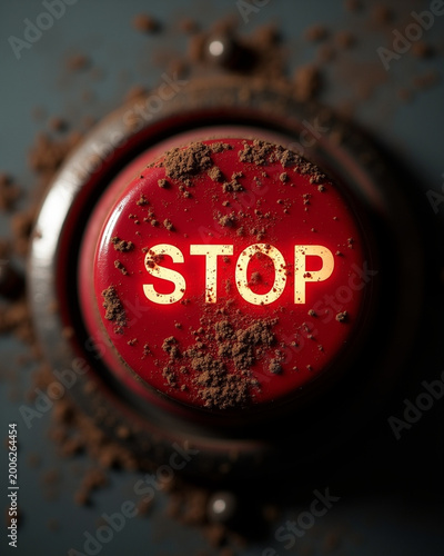 Silent control power not speaking urgent red stop button covered in dust conveying warning and restraint
