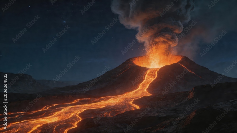 Fototapeta premium Volcano erupting with lava at night