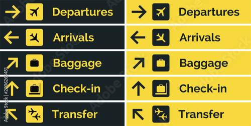 Foto Airport Direction Signs Set Departures Arrivals Baggage Check In Transfer Wayfin