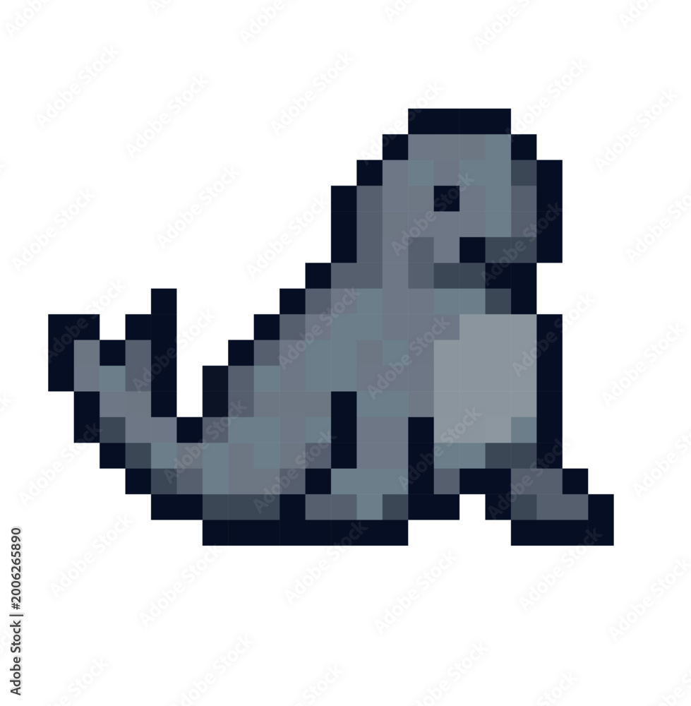 Fototapeta premium Pixel art illustration of a cute gray seal with a smiling face and pink blush on its cheek, isolated on a white background, 8-bit retro style.