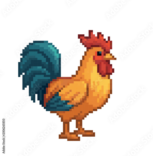 Colorful rooster in pixel art style, retro 8-bit farm animal illustration, isolated on white background,