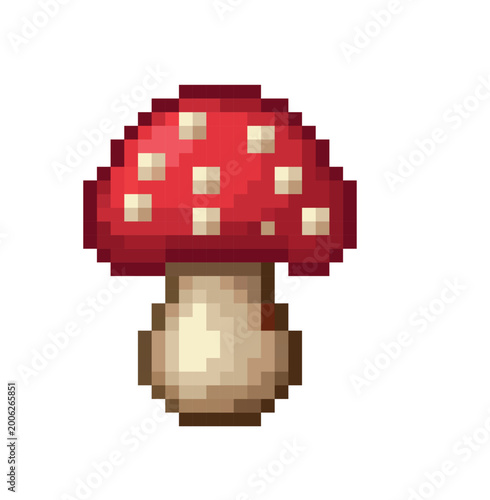 Pixel art illustration of a red and white spotted mushroom with a beige stem, isolated on a white background, 8-bit retro style.