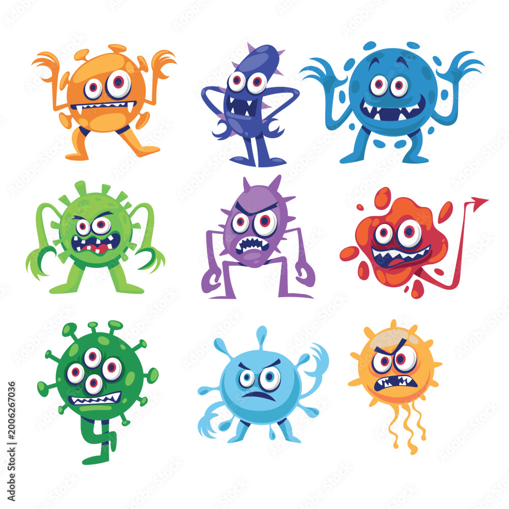 Fototapeta premium Set of different viruses in cartoon hand drawn style