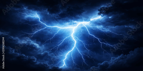 Canvas Print A powerful bolt of lightning in the night sky illuminates dark thunderstorm clou